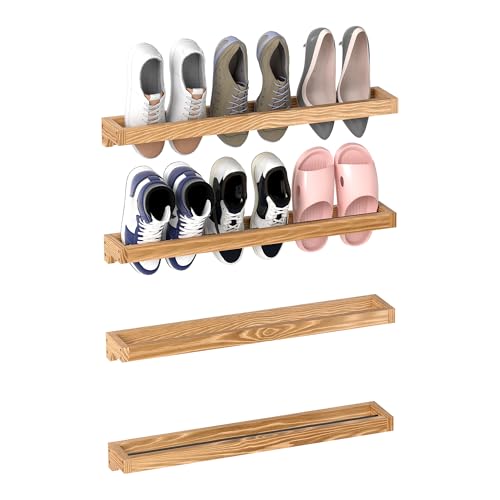 Nisorpa 30 Inch Rustic Burnt Wood Hanging Shoe Rack, Wall Mounted Shoe Rack Storage Organizer Space Saving Footwear Holder for Closet, Mudroom, Entryway, Holds 12 Pairs, Set of 4 - color: Light Burnt Wood, size: 30 inch