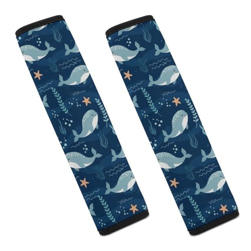 2 Pack Breathable Car Seat Straps Shoulder Pads for Adults and Children, All Vehicles, Cute Ocean Navy Blue White Cartoon Manatee Harness Pads Strap, Pressure Relief - color: Pattern 1109