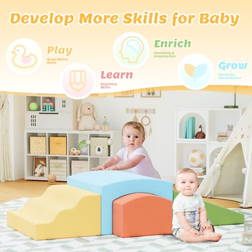 4-Piece Toddler Climbing Toys Indoor, Baby Climbing Blocks with a Tunnel, Soft Foam Play Climber for Toddlers, Play Gym Climber Structures for Toddler 1-3, Kids Climb and Crawl Set