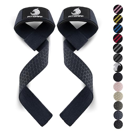 Fitgriff® Lifting Wrist Straps for Weightlifting, Gym, Deadlift, Workout (Made of Premium Cotton & Padded) - Men & Women - color: Navy Blue Silicone, size: Standard (above 6.3' Wrist)