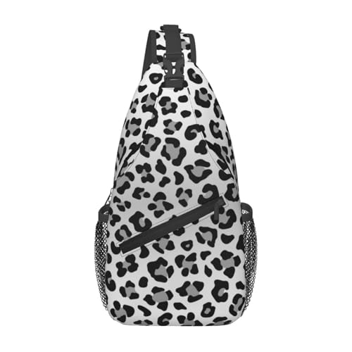 Leopard Print Crossbody Sling Bags for Women Men Abstract Snow Leopard Spots Pattern Travel Sling Backpack Casual Chest Shoulder Bag Cute Wild Animal Skin Texture Gym Sports Hiking Daypack - color: Black Grey