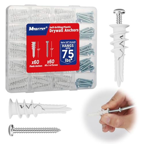 Self Drilling Drywall Anchors with Screws Kit 120 Pcs, No Pre Drill Required, Heavy Duty Holds Up to 75 LB, #8 x 1-1/4, for Sheetrock Shelves and Mirrors