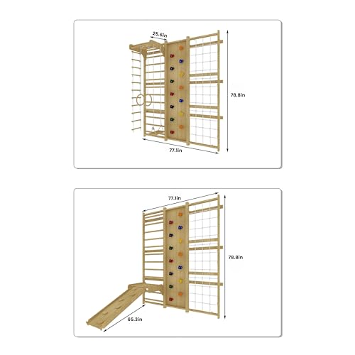 Avenlur Walnut 9-in-1 Swedish Ladder Wall Gym Kids, Indoor Climbing Wall | 2 Heights: 78.8" or 94.5" Montessori Indoor Playground & Jungle Gym, Rock Climbing Wall for Kids, Rope Ladder, Slide, Swing - size: 79" Height