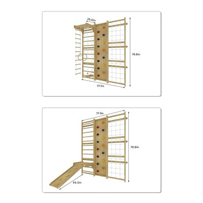 Avenlur Walnut 9-in-1 Swedish Ladder Wall Gym Kids, Indoor Climbing Wall | 2 Heights: 78.8" or 94.5" Montessori Indoor Playground & Jungle Gym, Rock Climbing Wall for Kids, Rope Ladder, Slide, Swing - size: 79" Height