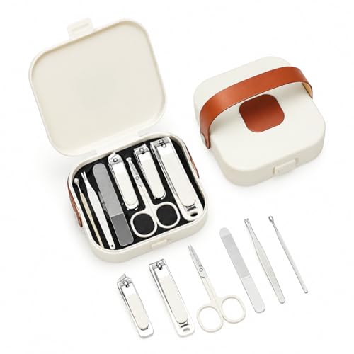8 Pcs Nail Clipper Set,Stainless Steel Manicure Pedicure Collection White | Portable Anti-Splash Tools for Daily Nail Care, Compact Travel Essential for Home Use,Coffee Brown - color: White