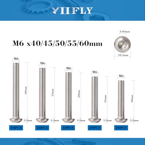 M6-1.0 Button Head Socket Cap Bolts Screws - 40/45/50/55/60mm Length Kit, 304 Stainless Steel(A2-70), Allen Drive, Bright Finish, Fully Threaded, 50-Piece Set - size: 304-Button-M6-40-60mm