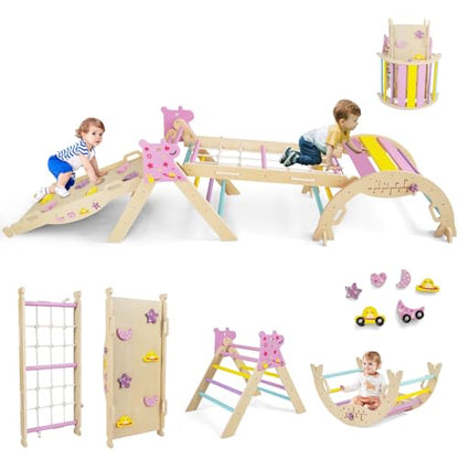 Costzon Pikler Triangle Set, 9-in-1 Foldable Baby Climbing Toys, Wood Montessori Climbing Set for Learning and Motor Skills, Indoor Playground Jungle Gym for Toddlers 3+ Climber Gifts (Pink) - style: 9 in 1 Arch Climber Ladder, Pink