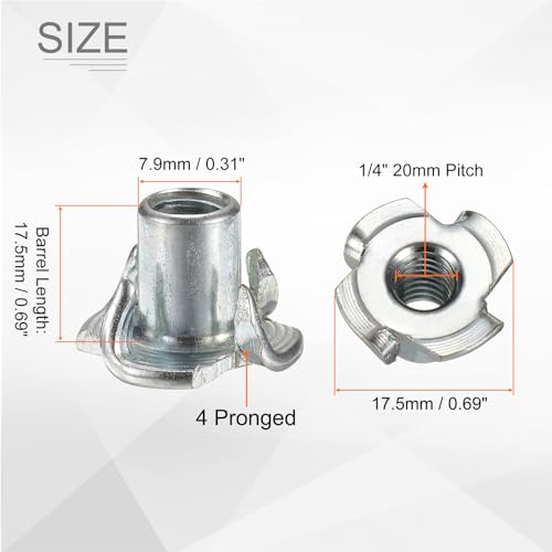 HARFINGTON 1/4x12mm T-Nuts 4 Pronged Tee Nut 0.69" x 0.47" Fully Thread Carbon Steel Inserts for Wood, Rock Climbing Holds, Cabinetry, Furniture 50pcs - size: 1/4" x 0.47" x 0.69" x 0.47"