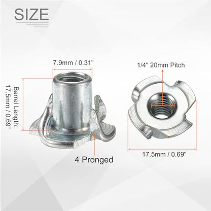 HARFINGTON 1/4x12mm T-Nuts 4 Pronged Tee Nut 0.69" x 0.47" Fully Thread Carbon Steel Inserts for Wood, Rock Climbing Holds, Cabinetry, Furniture 50pcs - size: 1/4" x 0.47" x 0.69" x 0.47"