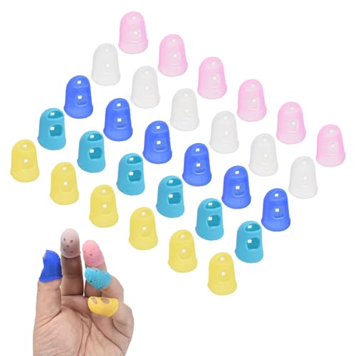 PATIKIL 30 Pcs Silicone Finger Tips, 18mm Anti-Slip Textured Surface Reinforced Protectors Fingertip Covers Reusable Thimbles for Money Counting Guitar Sewing, 5 Colors - color: Yellow/Translucent/Pink/Light Blue/Dark Blue, size: 18mm