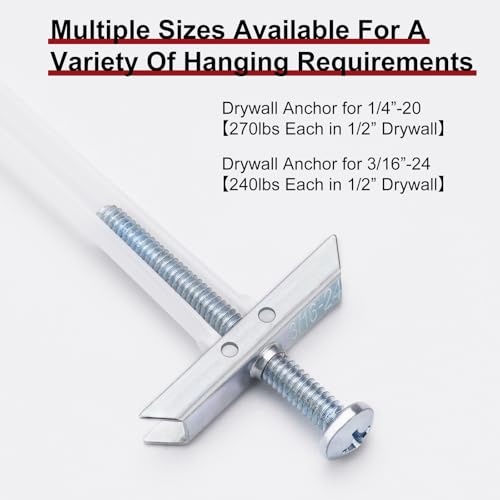 Heavy Duty Drywall Anchor Bolts with 3/16”-24 Bolts for TV Mounting Kits Stainless Steel Hollow Wall Anchors Holds Up to 240 lbs on 1/2-In Drywall 22 Pack Drywall Anchors for Heavy Duty Wall Anchoring - size: 3/16"-24：Pack of 22