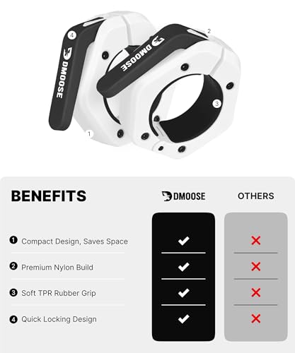 DMoose Fitness Barbell Clips 2 Inch (Pair) - Quick Release Olympic Barbell Clamps & Collars with Anti Slip TPR Grip for Secure Weightlifting and Powerlifting - Weight Clips for Bars at Home or Gym - color: White, style: Magnetic