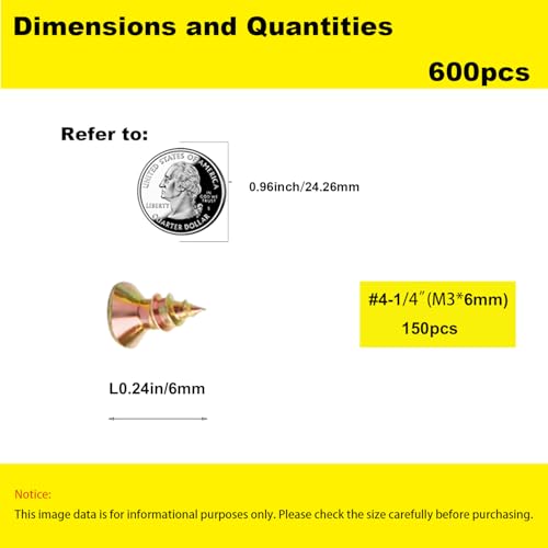 #4 Flat Head Phillips Wood Screws 150Pcs, Yellow Zinc, 1/4" | M3x6mm Yellow Zinc self-tapping fasteners. Prevents wood splitting; perfect for cabinet hinges & drawers. - color: Yellow, size: #4 x 1/4''-150pcs