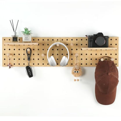 2 Pack Beige Wooden Pegboard Modular Wall Organizer | Includes hooks & shelf, multi-use for home/office/bathroom/laundry room - color: Begie