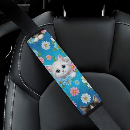 2PCS Breathable Seat Belt Cover for Adults and Children, Most Cars, Animal Blue Flower Cute Kitten Cats Shoulder Harness Cover, Shock Absorption - color: Pattern 322