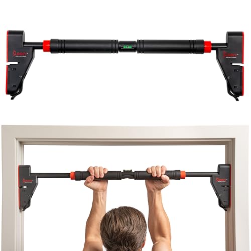 Sunny Health & Fitness Adjustable Doorway Chin Up/Pull Up Bar | Adjustable Doorway Fitment, Strong Steel Frame, Foam Padded Handlebars, Anti-Slip Pads, Ideal for Upper Body Workouts - color: Dark Grey