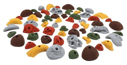 Atomik Rock Climbing Holds Set of 60 Bolt-On Rock-Like Crimpers, Edges, Jugs, Pockets, and Footholds in Assorted Earth Tones