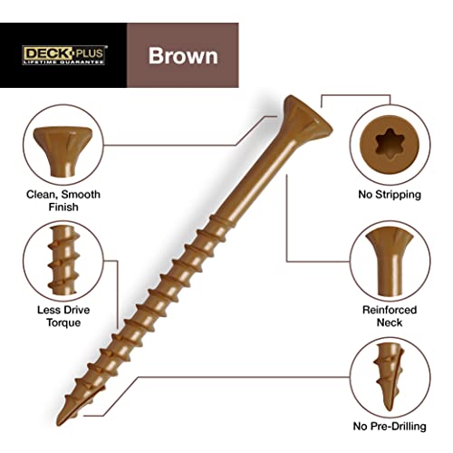 Deck Plus Deck Screws, #10 x 3-1/2in, 365 Pieces, Brown | Epoxy-coated steel, star drive with T25 bit, self-drilling coarse thread for decking, fencing, and treated lumber - color: Brown, size: #10 x 3-1/2", style: 275 pcs