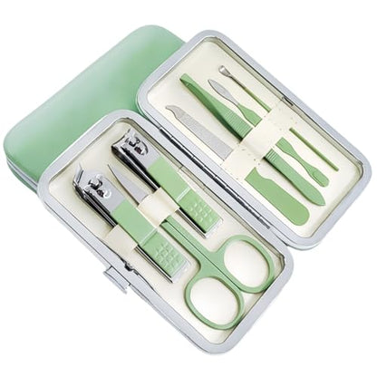 QURIPE 7pcs Manicure Set, Nail Clippers Kit, Stainless Steel Manicure Kit, Nail Clipping Tools Portable Travel Grooming Kit, The Best Gift with Luxurious Case (Green) - color: Green