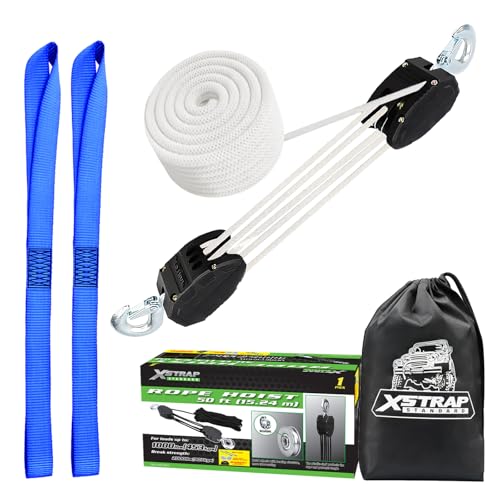 XSTRAP 5:1 Block&Tackle Pulley System Rope Hoist, 50 Ft, 2000 LBS White | Heavy-Duty 2000 LBS Breaking Strength with 2PK Soft Loops, Pulley Hoist bearing metal wheels for Lifting Heavy Objects - color: Upgraded White