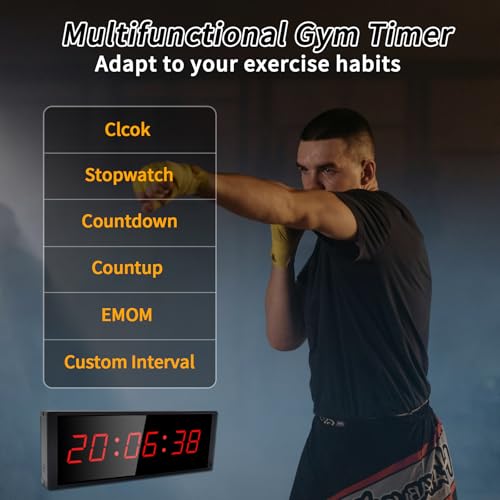 Gym Timer Clock with Start/Stop Button,12/24H Digital Wall Clock with Remote Control, Countup, Countdown, Stopwatch, Workout Timer for Home Gym Garage