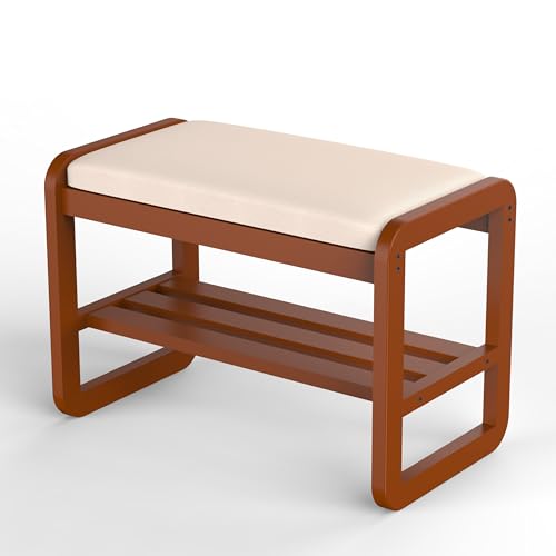 Solid Wood Shoe Rack, 2 Tier Shoe Storage Bench with Cushion Seat, 6 Pair Shoe Organizer for Entryway, Small, Cherrywood, 24 Inch - color: Cherrywood, size: 23.62*14.17*16.54