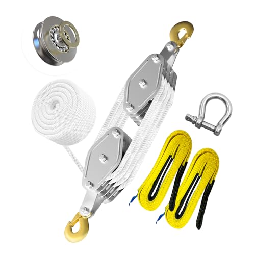 YATOINTO Rope Pulley Hoist 4400 LB, Pulley Block with 3/8" Shackle and 2PCS Lift Sling, 8:1 Lifting Power Block and Tackle Pulley System, 65ft Heavy Duty Rope Hoist for Garage Warehouse Constructions - color: White, size: UPGRADED-4wheels+2lift sling&1sha