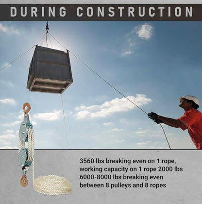 Nylon Rope Hoist Pulley Block and Tackle, 2 Ton - 6000-8000 LB Breaking Strength, 7:1 Lifting Power, 65 Ft - Rope Hoist Pulley System for Garage, Hunting, Boat Lift - Includes 2 Straps - color: Silver Steel