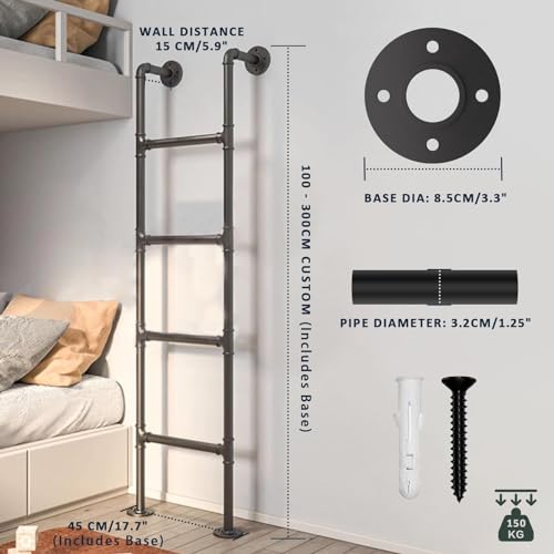 100-300cm Wall Mounted Metal Step Ladder for Attic Bunk Bed Height Entrance Egress Ladder, Basement Window Well Egress Ladder with Kit, Load 150 Kg/330 Lbs(190cm/75in) - size: 190cm/75in