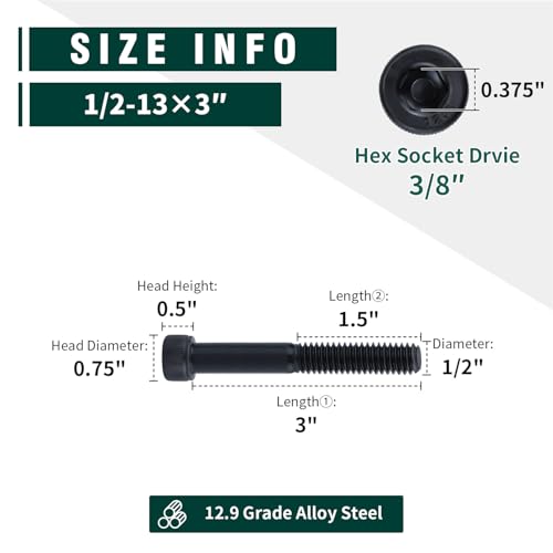 1/2-13 x 3 Socket Head Cap Screws Bolts, 12.9 Grade Alloy Steel, Black Oxide Finish, Allen Hex Drive, Full Thread, 6-Pack - size: 1/2-13 x 3"