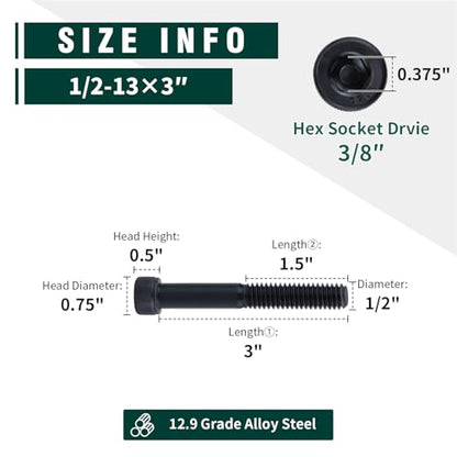 1/2-13 x 3 Socket Head Cap Screws Bolts, 12.9 Grade Alloy Steel, Black Oxide Finish, Allen Hex Drive, Full Thread, 6-Pack - size: 1/2-13 x 3"