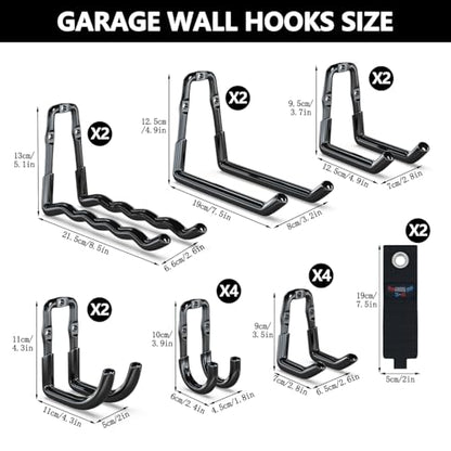3-H Super Heavy Duty Garage Wall Hooks 18 Pack, One-Piece Construction Garage Wall Hooks, Garage Hanger & Organizer Wall Mount for Ladders, Bikes, Chairs, WeedEaters, Shovels, Garden Tools (Black) | Upgraded Patented One-Piece Stamped Garage Storage Hooks