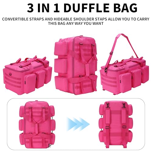 3 In 1 Military Duffel Bag 50L Gym Bag for Men Convertible Weekender Backpack for Sports Travel Basketball (50L-Rose) - color: 50L-Rose