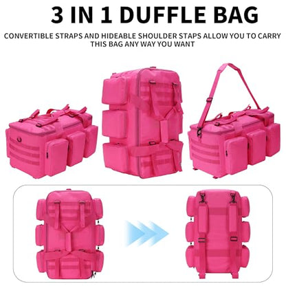 3 In 1 Military Duffel Bag 50L Gym Bag for Men Convertible Weekender Backpack for Sports Travel Basketball (50L-Rose) - color: 50L-Rose