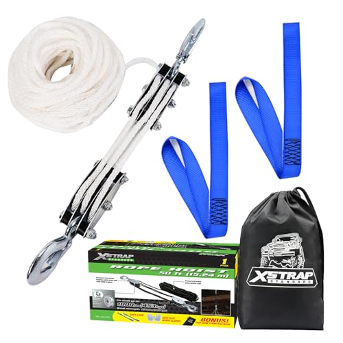 XSTRAP STANDARD Heavy-Duty 2,000 LB Breaking Strength 50 FT Rope Hoist | 1000Lbs work load, metal wheel bearing pulley for lifting heavy objects, includes 2 soft loops, heavy-duty rope hoist (White) - color: 50ft White Standard