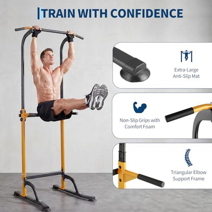 Power Tower Home Gym Strength Training Station Adjustable 10 Height Levels, Heavy-Duty Chin-Up Tower with Parallel Dip Handles, Bodyweight Workout Equipment for Pull-Ups, Dips, Knee Raises, Push-Ups, 330 Lb Capacity - color: Yellow