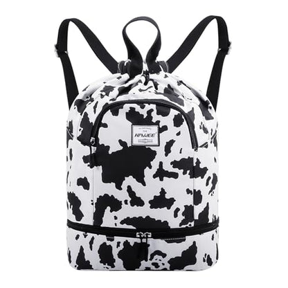 Dry Wet Drawstring Backpack with Shoe Compartment for Women Adjustable Gym Bag - color: Cow