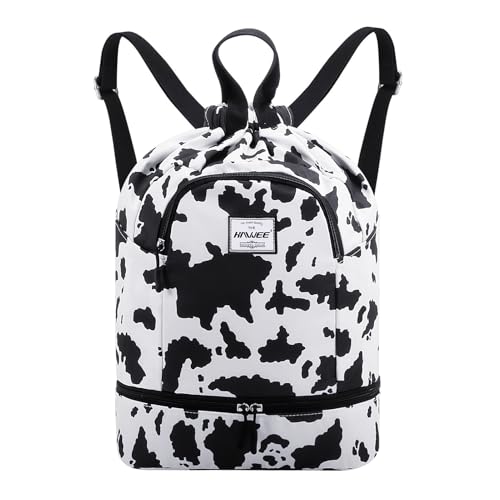 Dry Wet Drawstring Backpack with Shoe Compartment for Women Adjustable Gym Bag - color: Cow