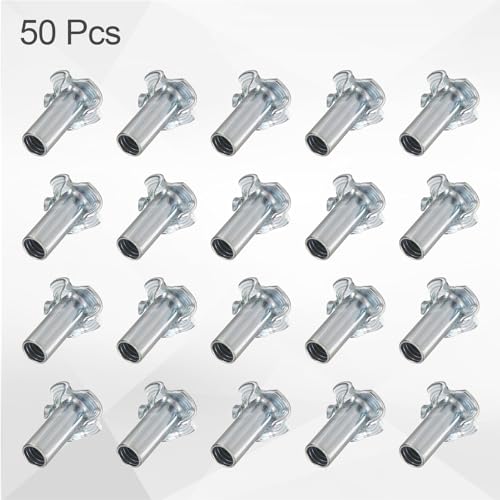 HARFINGTON 1/4x10mm T-Nuts 4 Pronged Tee Nut 0.68" x 0.89" Half Thread Carbon Steel Inserts for Wood, Rock Climbing Holds, Cabinetry, Furniture 50pcs - size: 1/4" x 0.39" x 0.68" x 0.89"
