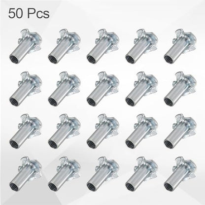 HARFINGTON 1/4x10mm T-Nuts 4 Pronged Tee Nut 0.68" x 0.89" Half Thread Carbon Steel Inserts for Wood, Rock Climbing Holds, Cabinetry, Furniture 50pcs - size: 1/4" x 0.39" x 0.68" x 0.89"