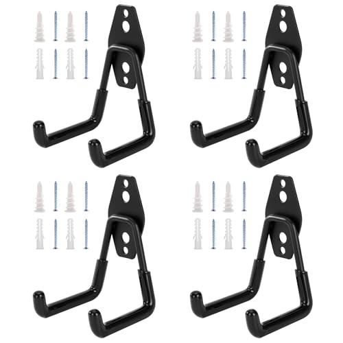 4 Pack Garage Hooks Heavy Duty, Garage Tool Organizer Wall Mount | Utility Organizer, Steel Utility Storage Hooks for Ladders, Garden Tools, Bike, Ropes, Bulk Items - color: 4 Pack/Black