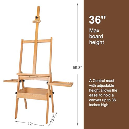 Wooden H-Frame Studio Easel with Storage Drawer and Palettes,Natural | Solid Beechwood Painting Easel for Students, Beginners, and Artists, Hold Canvas to 36Inches High - style: Side Trays Natural