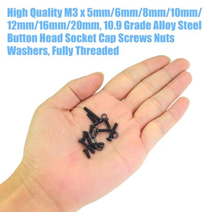 DYWISHKEY 566 Pieces M3 Black Screws, 10.9 Grade Alloy Steel M3x 5/6 /8/10 /12/16 /20mm Button Head Socket Cap Screws Bolts Nuts Washers Assortment Kit - size: M3, style: Button Head Socket Cap