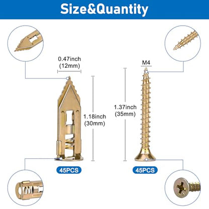 90 Pcs Self-Drilling Drywall Anchors with Screws Kit, Zinc Plated Steel, Easy Application No Drill or Holes in Wall, 45 Anchors and 45 Screws - size: 1size-45pcs