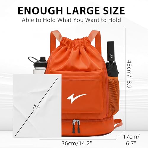 Sport Drawstring Backpack, Gym Bag with Mesh Side Pockets and Separate Shoe Compartment, Water-Resistant (Orange) - color: Orange