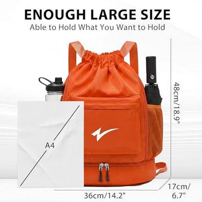 Sport Drawstring Backpack, Gym Bag with Mesh Side Pockets and Separate Shoe Compartment, Water-Resistant (Orange) - color: Orange