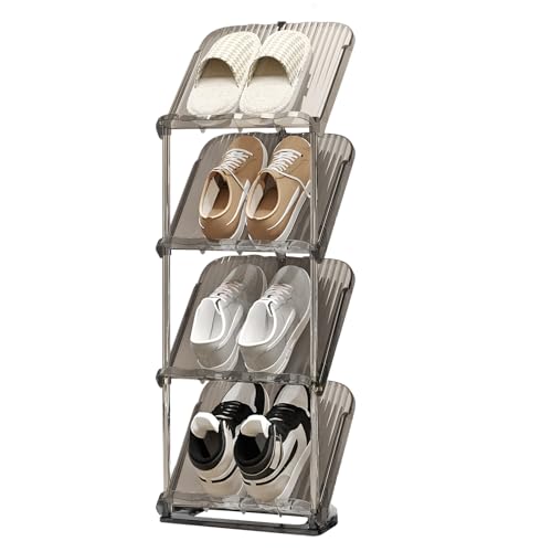 YYW Transparently Narrow Shoe Rack, Vertical Shoe Rack for Entryway Corner | Small Shoe Storage Organizer, Save Space Slim Shoe Shelf for Front Door Entrance, Easy To Assemble, PET Material - color: Grey, size: 4 Tier