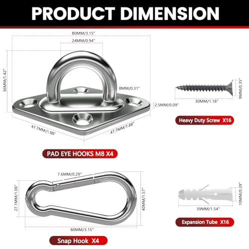 sprookber 304 Stainless Steel Pad Eye Snap Hooks, M8 Heavy Duty Ceiling Hook, 1200 lb Capacity Hammock Swing Hanging kit, Plant Hangers, Marine Hardware Staple Hook Loop with Screws, Set of 8 - size: 3.15 inch, style: Rhombus