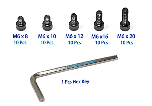 iexcell 50 Pcs M6 x 8/10/12/16/20 Alloy Steel 12.9 Grade Hex Socket Head Cap Screws Bolts Assortment Kit, Black Oxide Finish - size: M6 x 8/10/12/16/20mm