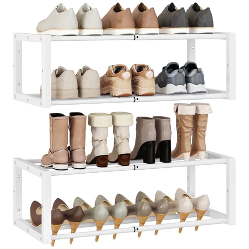 IBUYKE 2 Pack Wall Mounted Shoe Rack, 16"-29” Expandable Hanging Shoe Organizer for 12-16 Pairs, Space Saving Metal Wall Shoe Storage for Entryway Closet, White TXJ001W-2 - color: White